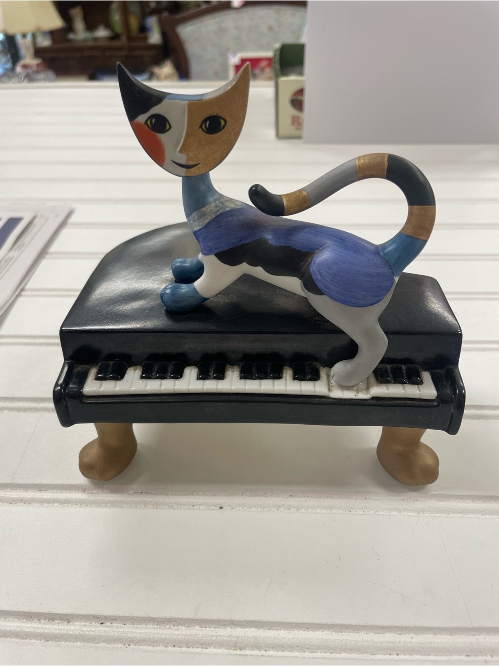 Vtg Goebel Rosina Wachtmeister Cat "Gino" on Piano Music Box plays "For Elise"